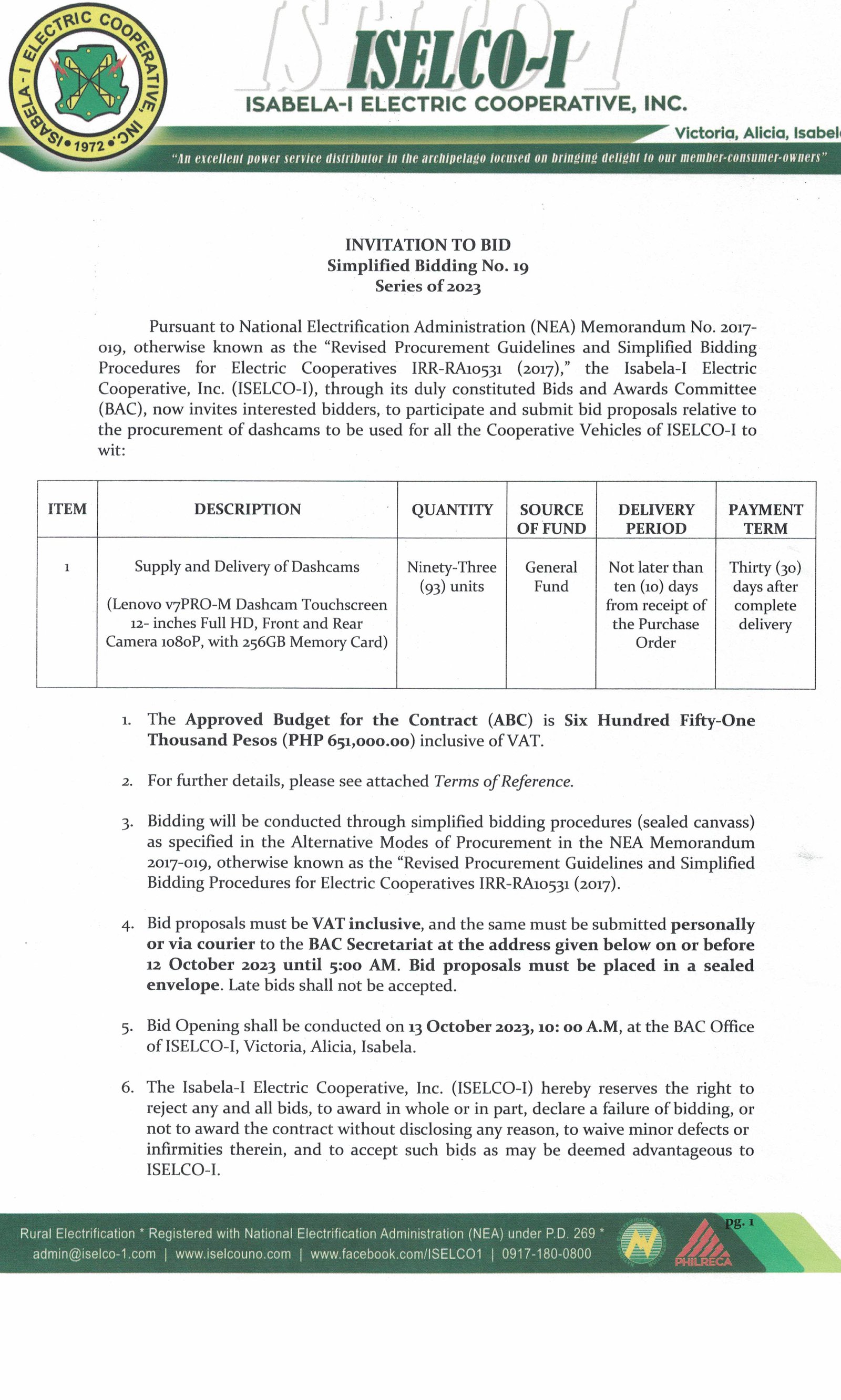 Simplified Bidding No. 19 Series of 2023 - Procurement of Dashcams to be used for all the Cooperative Vehicles